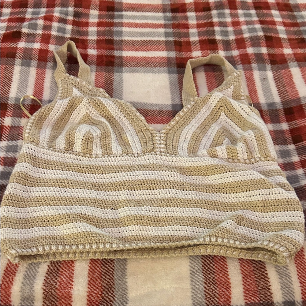 Elegant Striped Crochet Bralette - Cream and Tan